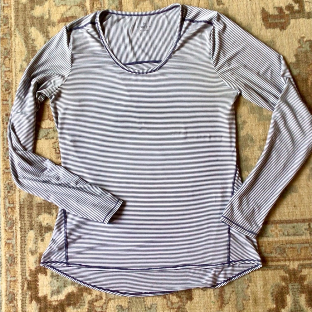 Athleta Womens Chi Long Sleeve Navy Blue Stripe Thumbholes Top L Large SPF White